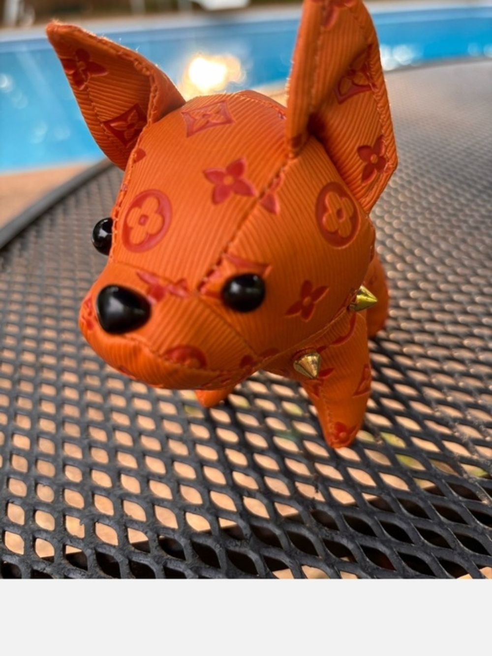 Orange Epi Leather Frenchie Dog Charm with Gold Studded Chain Adorable